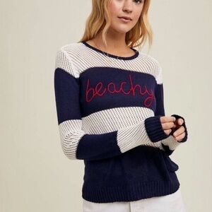 NWT WISHLIST Beachy Embroidered Striped Sheer Navy Off White Top Size Medium